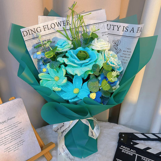 綠調手作鉤針花束|漸層綠玫瑰與無花粉過敏之憂的蓬鬆花球|適合任何場合的暖心禮物
