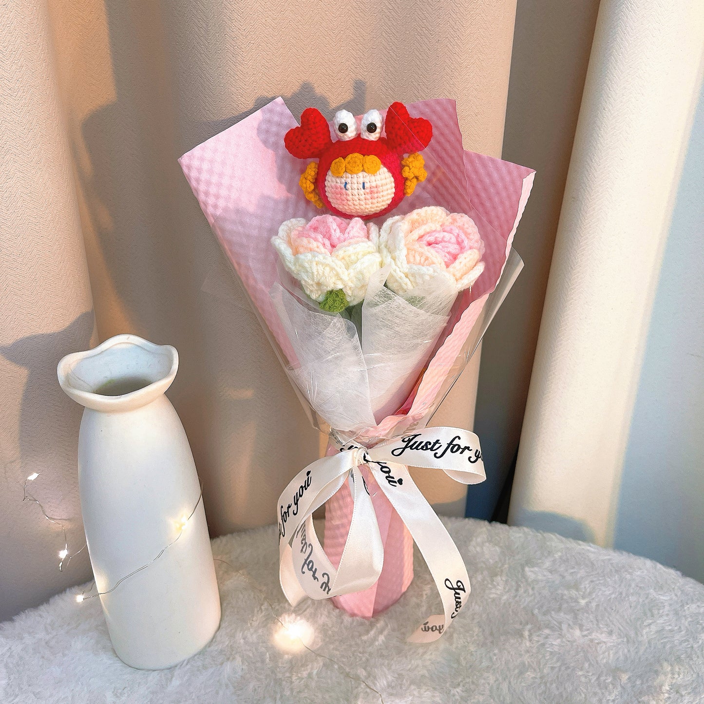 Crochet Cancer Zodiac Bouquet - Handmade Pink Roses & Plush Crab Doll - Hypoallergenic Floral Gift for Birthdays, Mother's Day - Allergy-Free Fabric Flowers