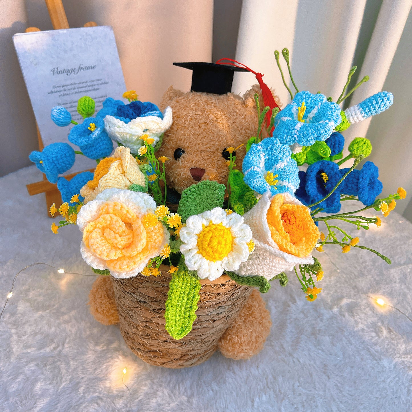 Teddy Bear Flower Bucket Bouquet – Handmade Crochet Floral Arrangement with Lily of The Valley Roses Daisies Morning Glory – Hypoallergenic Gift for Graduation, Valentine’s Day, Mother’s Day, Wedding, Birthday