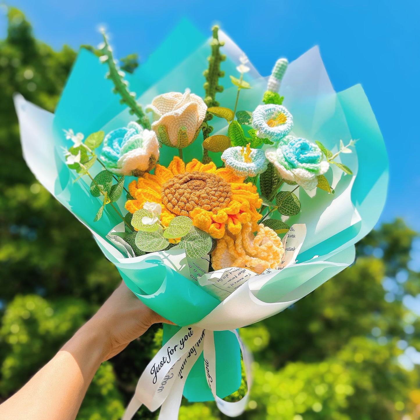 Meaningful Bloom Bouquet - Allergy-Friendly Handmade Crochet Gift Rose Birthdays, Anniversaries, and Special Occasions, Morning Glory, Ferns, Sunflower, Carnation
