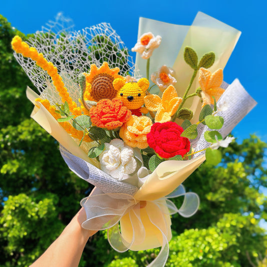 Handmade Crochet Winnie Themed Flower Bouquet – Artifical Sunflower Roses Daffodils Allergy-Friendly Gift for Any Occasion