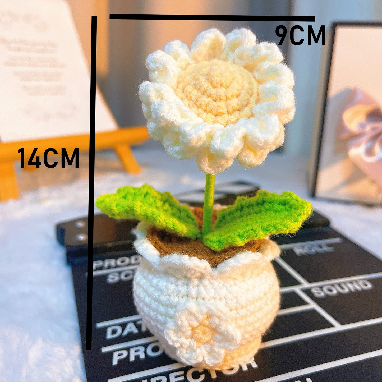 手工編織盆栽雛菊-防過敏人造花,9CM寬,14CM高-生日、周年紀念、婚禮和家居裝飾的完美禮物