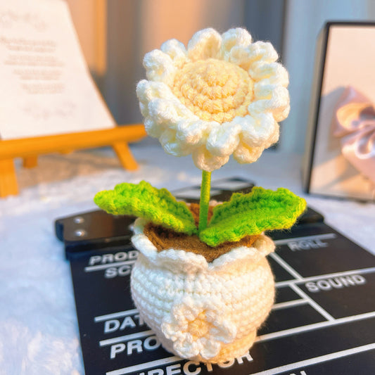 手工編織盆栽雛菊-防過敏人造花,9CM寬,14CM高-生日、周年紀念、婚禮和家居裝飾的完美禮物