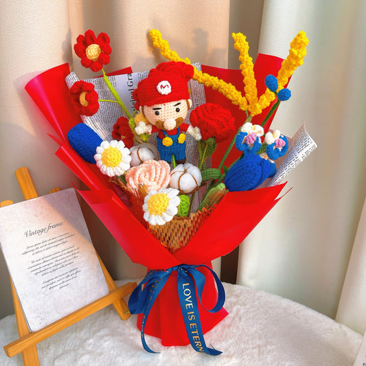 Handmade Crochet Mario Themed Flower Bouquet, Roses, Daisies, and Orchids - Allergy-Friendly Gift for Birthdays, Anniversaries, and Special Occasions