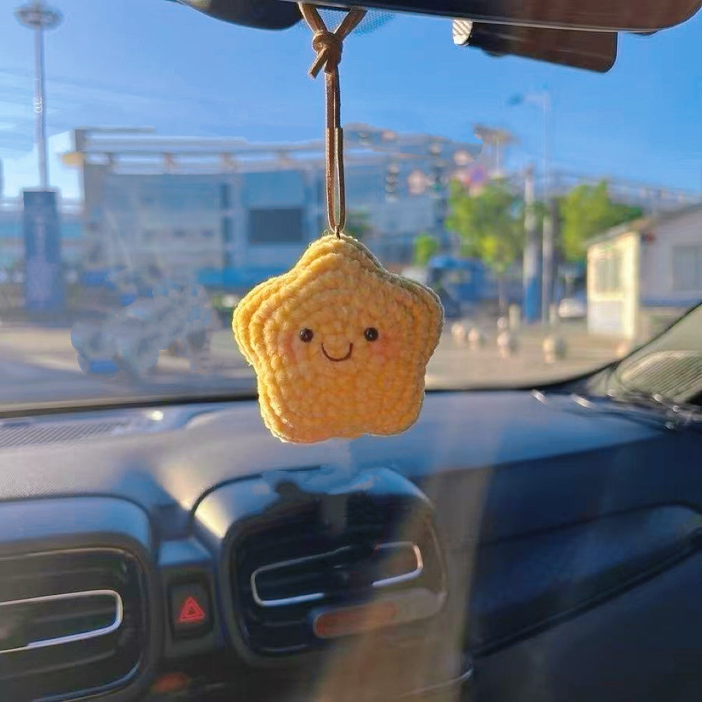 Handmade Crochet Yellow Star Car Hanging Ornament with Eyes and Mouth - Cute Rearview Mirror Decoration, Perfect for Car Accessories, Gifts, and Festive Occasions
