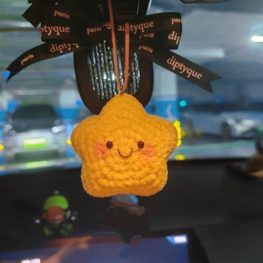 Handmade Crochet Yellow Star Car Hanging Ornament with Eyes and Mouth - Cute Rearview Mirror Decoration, Perfect for Car Accessories, Gifts, and Festive Occasions