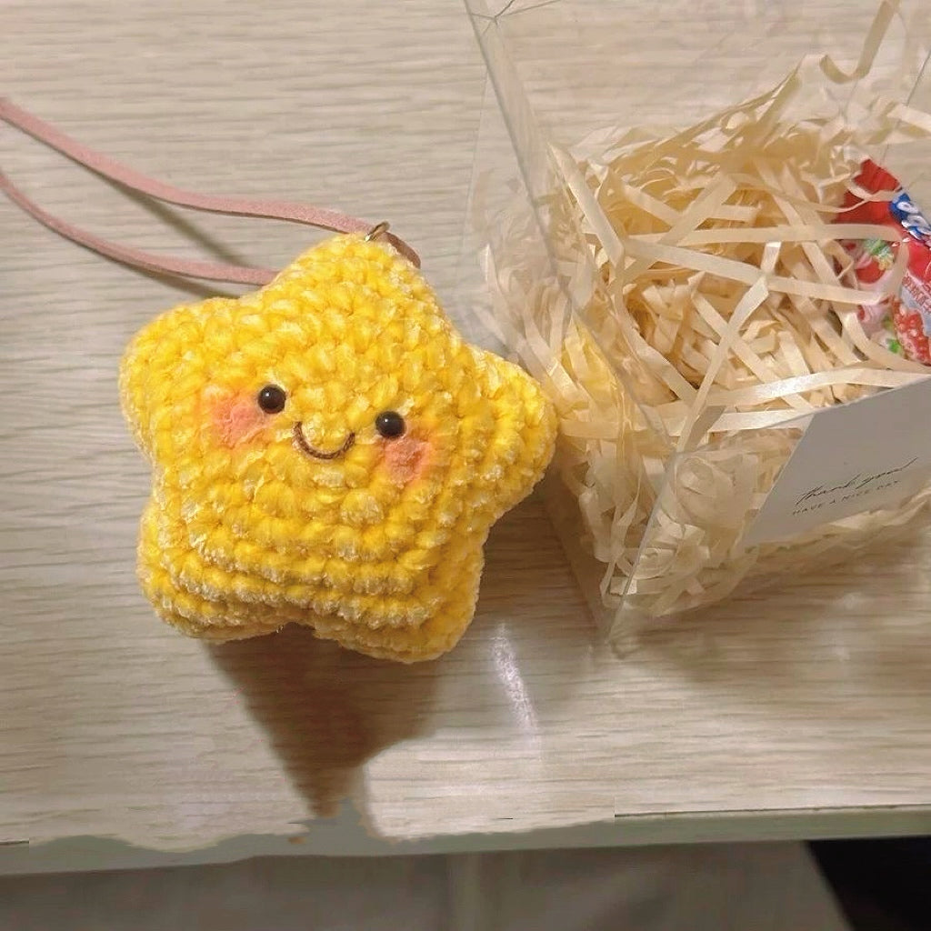 Handmade Crochet Yellow Star Car Hanging Ornament with Eyes and Mouth - Cute Rearview Mirror Decoration, Perfect for Car Accessories, Gifts, and Festive Occasions