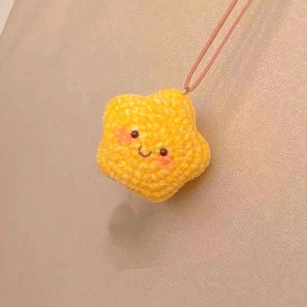 Handmade Crochet Yellow Star Car Hanging Ornament with Eyes and Mouth - Cute Rearview Mirror Decoration, Perfect for Car Accessories, Gifts, and Festive Occasions