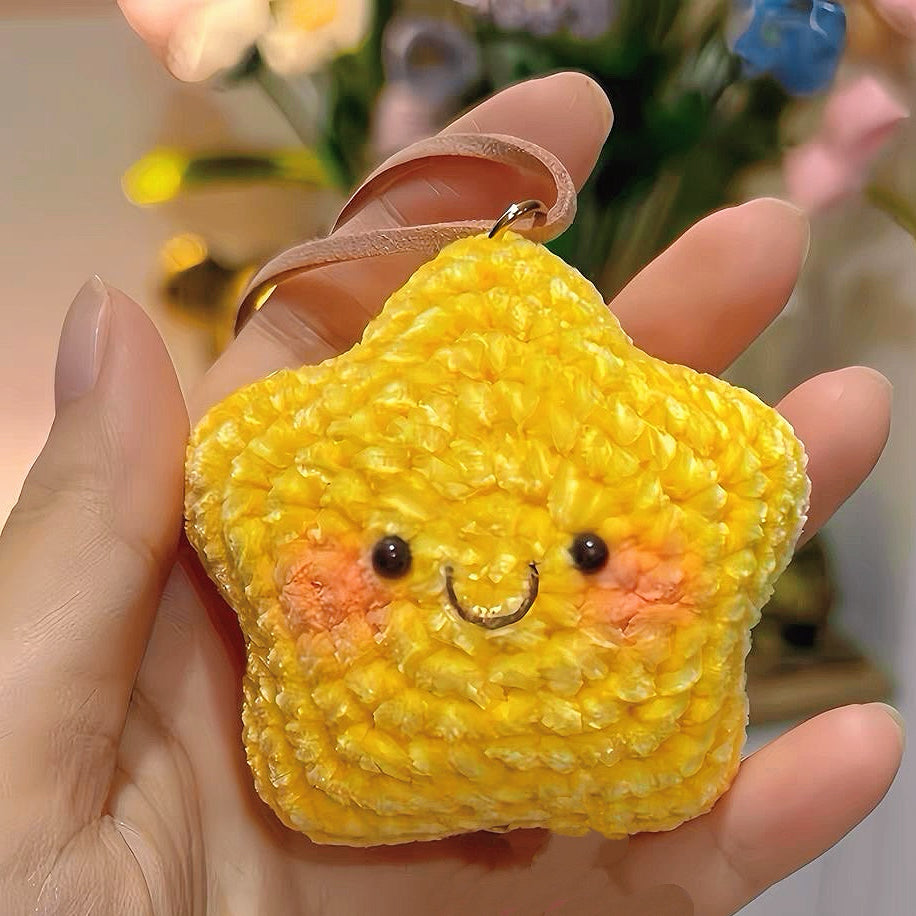 Handmade Crochet Yellow Star Car Hanging Ornament with Eyes and Mouth - Cute Rearview Mirror Decoration, Perfect for Car Accessories, Gifts, and Festive Occasions
