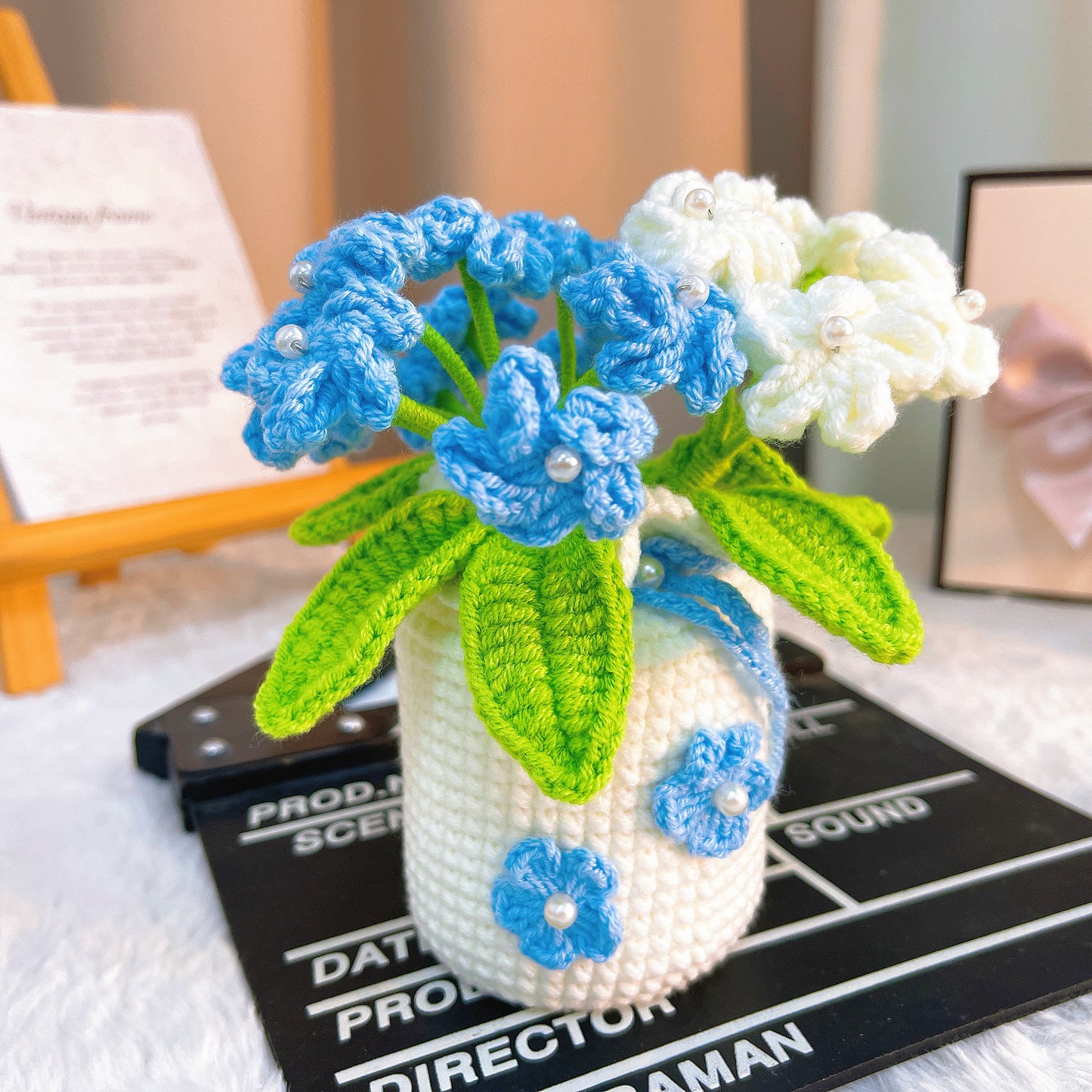 Handmade Crochet Forget-Me-Not Potted Plant - Blue and White Decorative Flower Arrangement - Allergy-Friendly Gift for Mother's Day, Birthdays, and Special Occasions