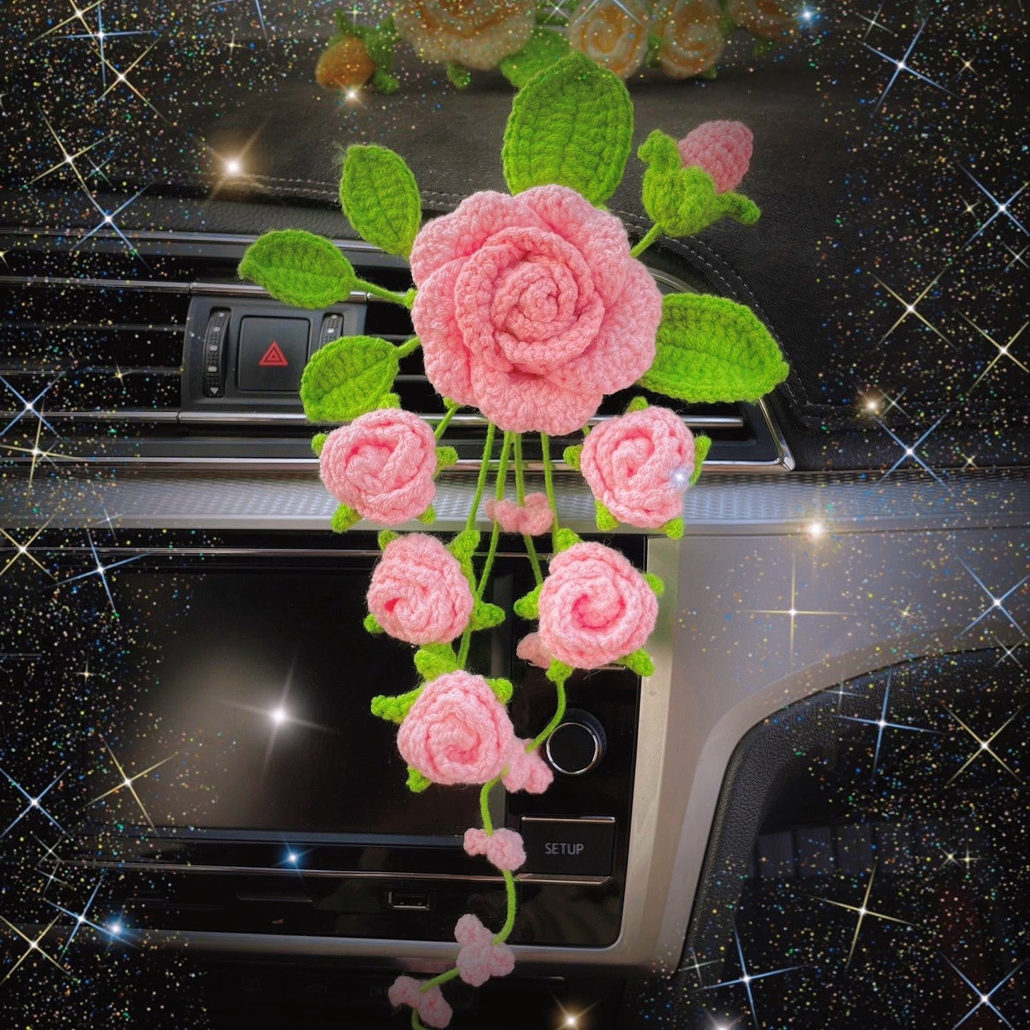 Handmade Crochet Rose Air Vent Car Decor | Pink, Purple, Yellow | Allergy-Friendly Floral Ornament | Perfect Gift for Birthdays, Valentine’s Day, Mother’s Day