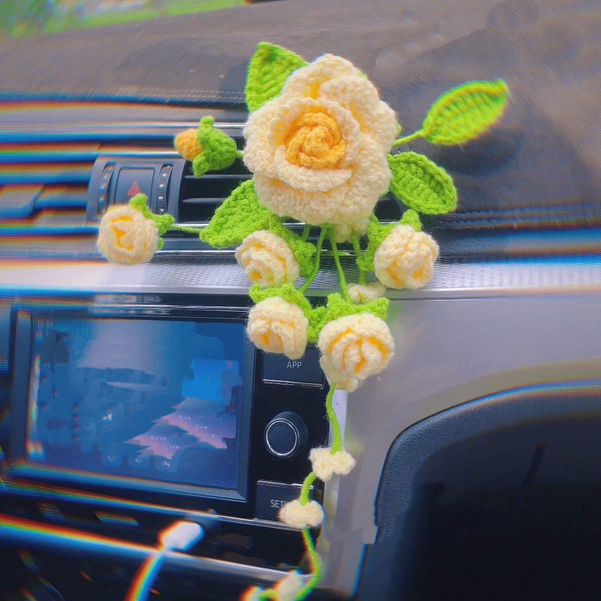 Handmade Crochet Rose Air Vent Car Decor | Pink, Purple, Yellow | Allergy-Friendly Floral Ornament | Perfect Gift for Birthdays, Valentine’s Day, Mother’s Day