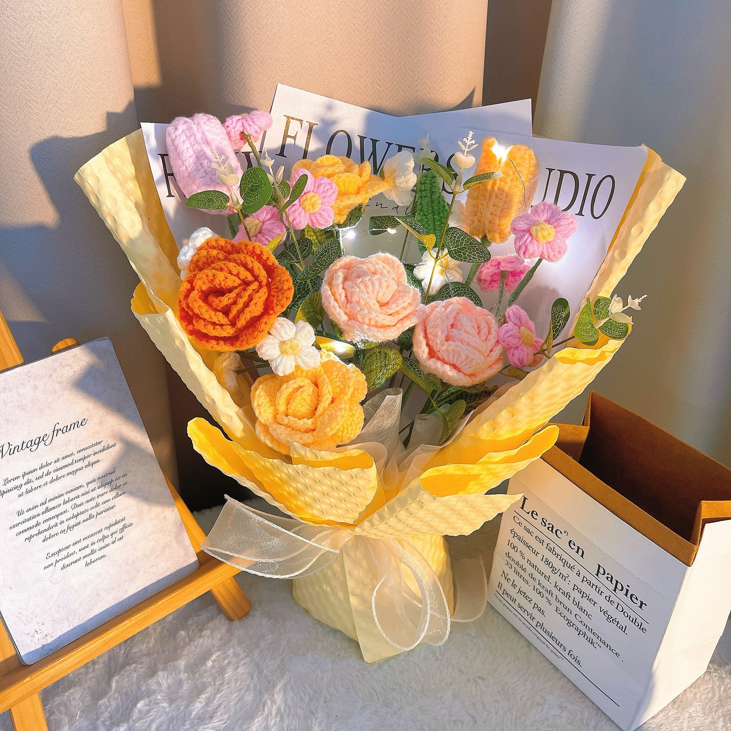 純手工全鉤針混搭花束花卉佈置,畢業禮物、花粉症適用獨特禮物點子、母親節、父親節禮物、探訪告解道歉禮物,**花束嚴格依圖示包裝!