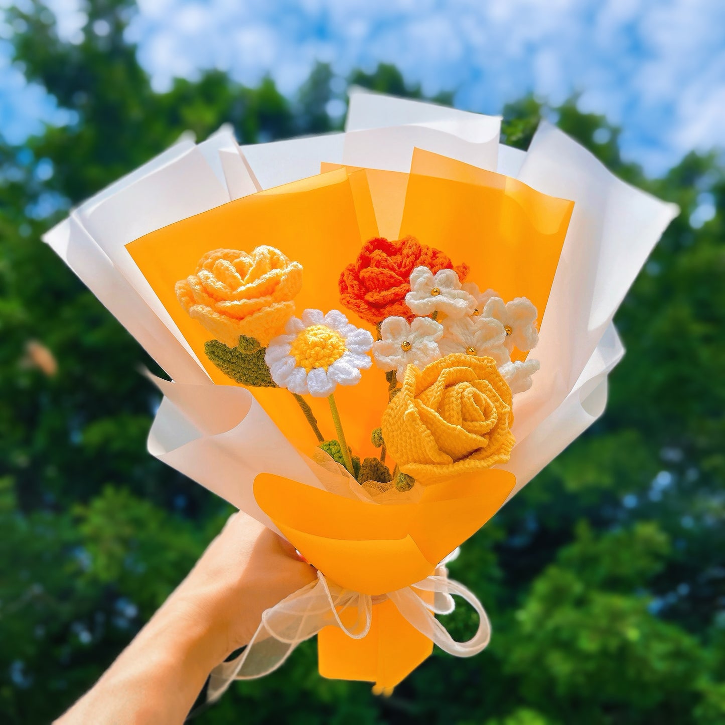 Hanaya Series Handmade Crochet Sunflower Bouquet with Sunshine Color Roses – Ready-to-Gift Allergy Free Artificial Flowers - The Bloom Crafter