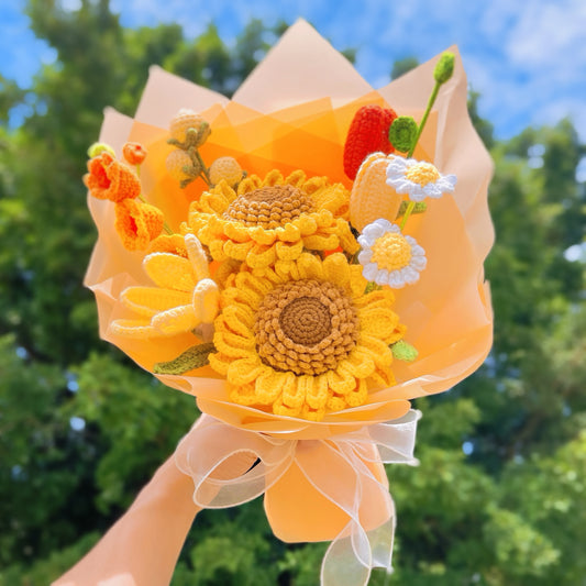 花屋系列手工鉤針向日葵花束,搭配黃色和橙色鬱金香-低過敏原花粉症,經久不衰,隨時準備贈送鮮花