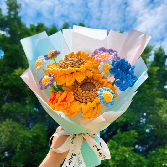 花屋系列手工鉤針向日葵花束,搭配多色雛菊和勿忘我,低過敏持久花香,即送即用
