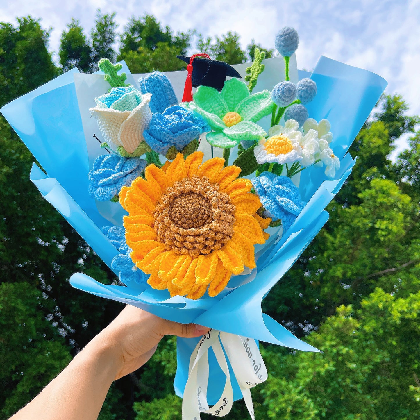 Graduation Series Handmade Crochet Bouquet - Sunflower Roses Forget-Me-Nots Lily of the Valley, Eco-Friendly Vegan Hypoallergenic Everlasting Floral Gift