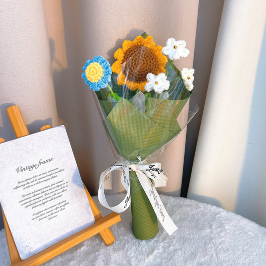 暖陽記憶手鉤向日葵花束 - 活力手作向日葵與雛菊勿忘我,低過敏初見禮,夏季婚禮/畢業/新居贈禮首選