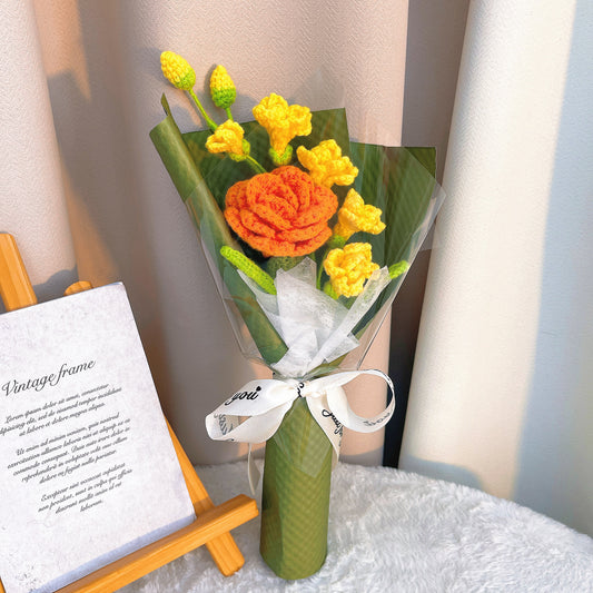 金色陽光手鉤矢車菊玫瑰禮 - 手作矢車菊與玫瑰,低過敏初見禮,夏日婚禮/喬遷之喜/友誼贈禮專屬