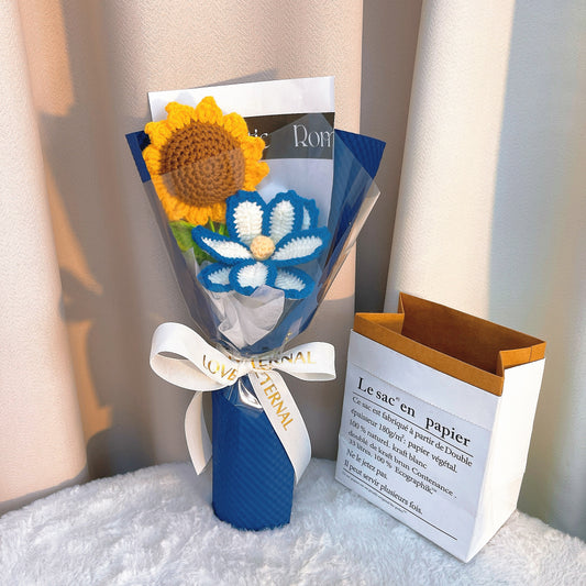 山間暖陽手鉤向日葵雪絨花禮 - 手作向日葵與高山雪絨花,低過敏初見禮,畢業祝福/新居賀禮/友情贈禮專屬