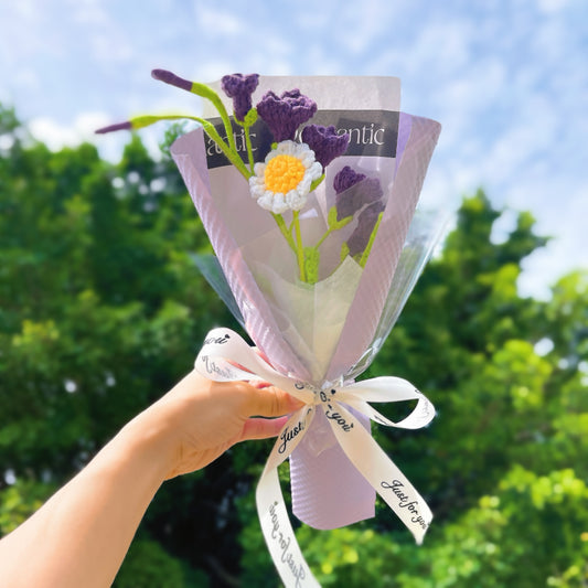 魔法花園手鉤花束 - 手工矢車菊與白雛菊組合,低過敏初見禮,婚禮/週年紀念/特別節日專屬