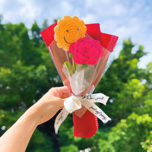 “歡樂之愛”手鉤向日葵玫瑰禮 - 手作笑臉向日葵與紅玫瑰,低過敏初見禮,情人節/週年紀念/浪漫場合專屬