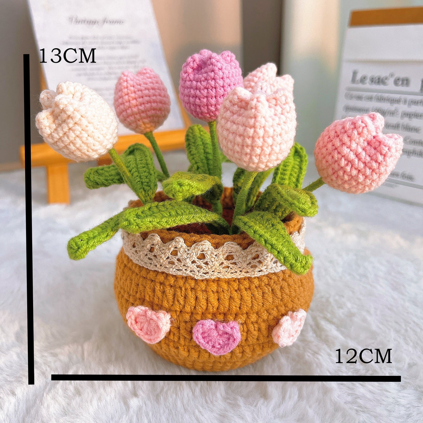 手工鉤針編織鬱金香花盆 - 低敏花卉家居裝飾 - 完美適合暖房派對、母親節及春季禮物