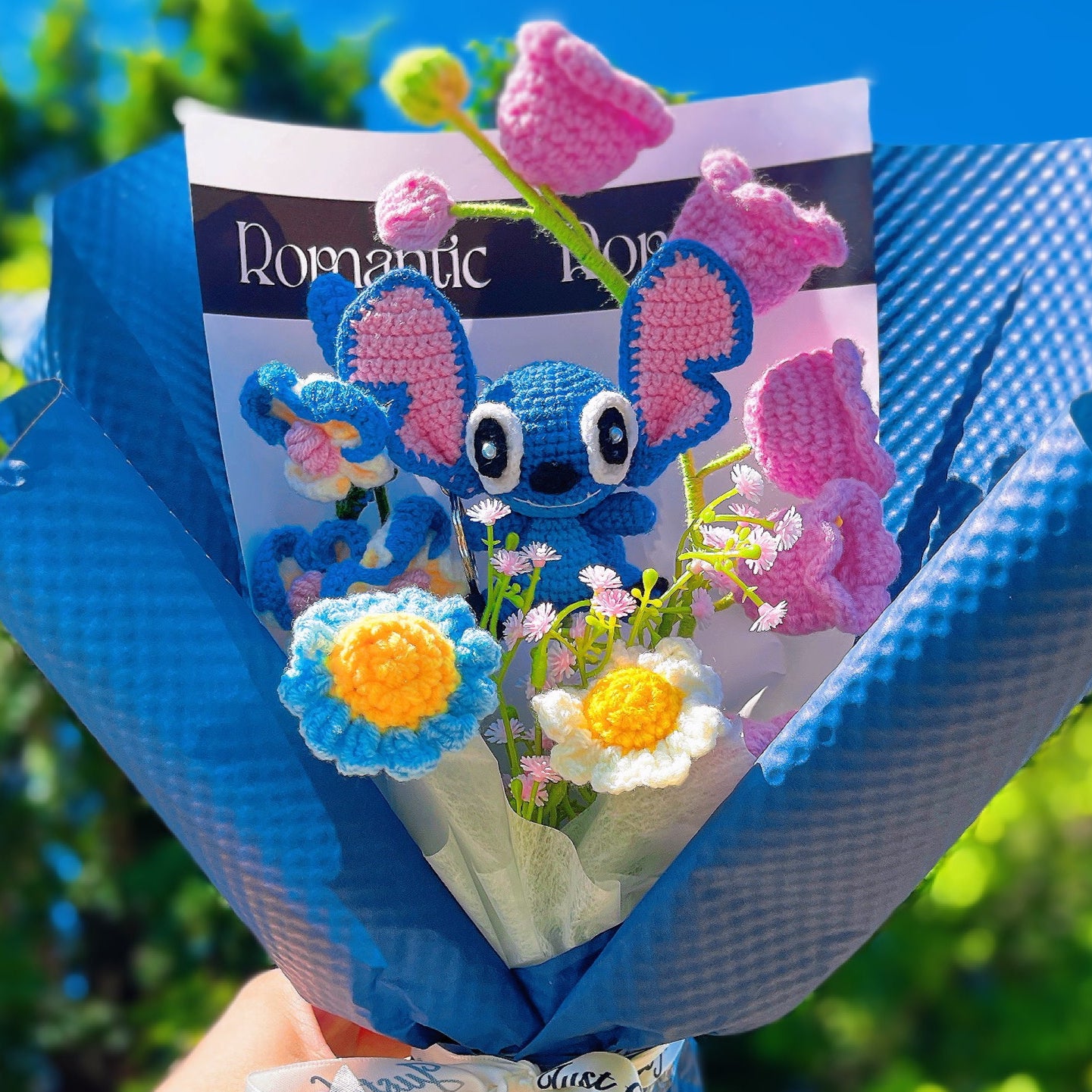 手工鉤針史迪奇主題花束 - 蘭花鈴蘭小菊,低過敏畢業禮物