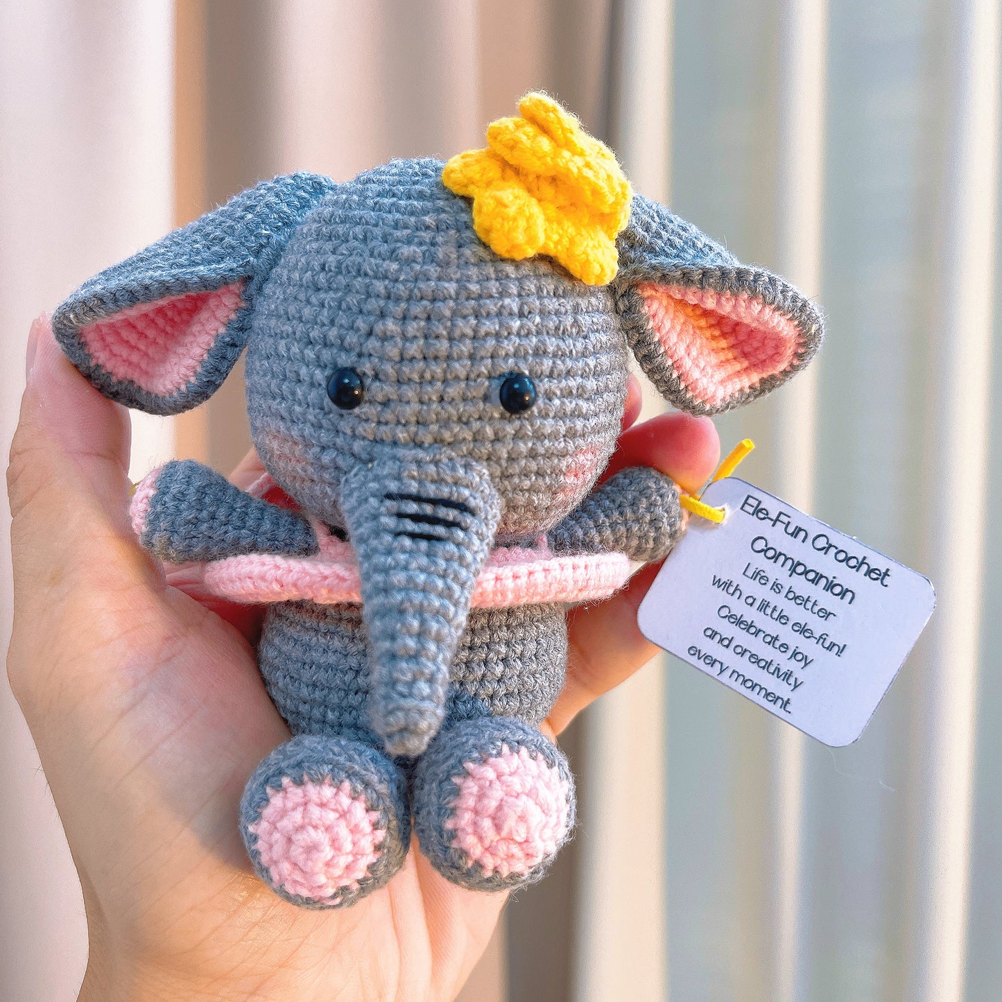 Handmade Crochet Elephant Keychain - Pink Dress & Yellow Flower Elephant with Customizable Message Card, Hypoallergenic Cute Gift for Kids, Elephant Lovers & Joyful Celebrations