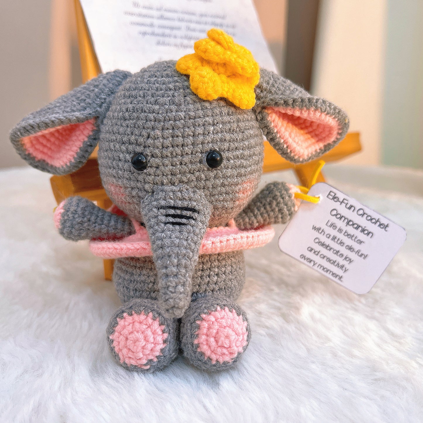 Handmade Crochet Elephant Keychain - Pink Dress & Yellow Flower Elephant with Customizable Message Card, Hypoallergenic Cute Gift for Kids, Elephant Lovers & Joyful Celebrations
