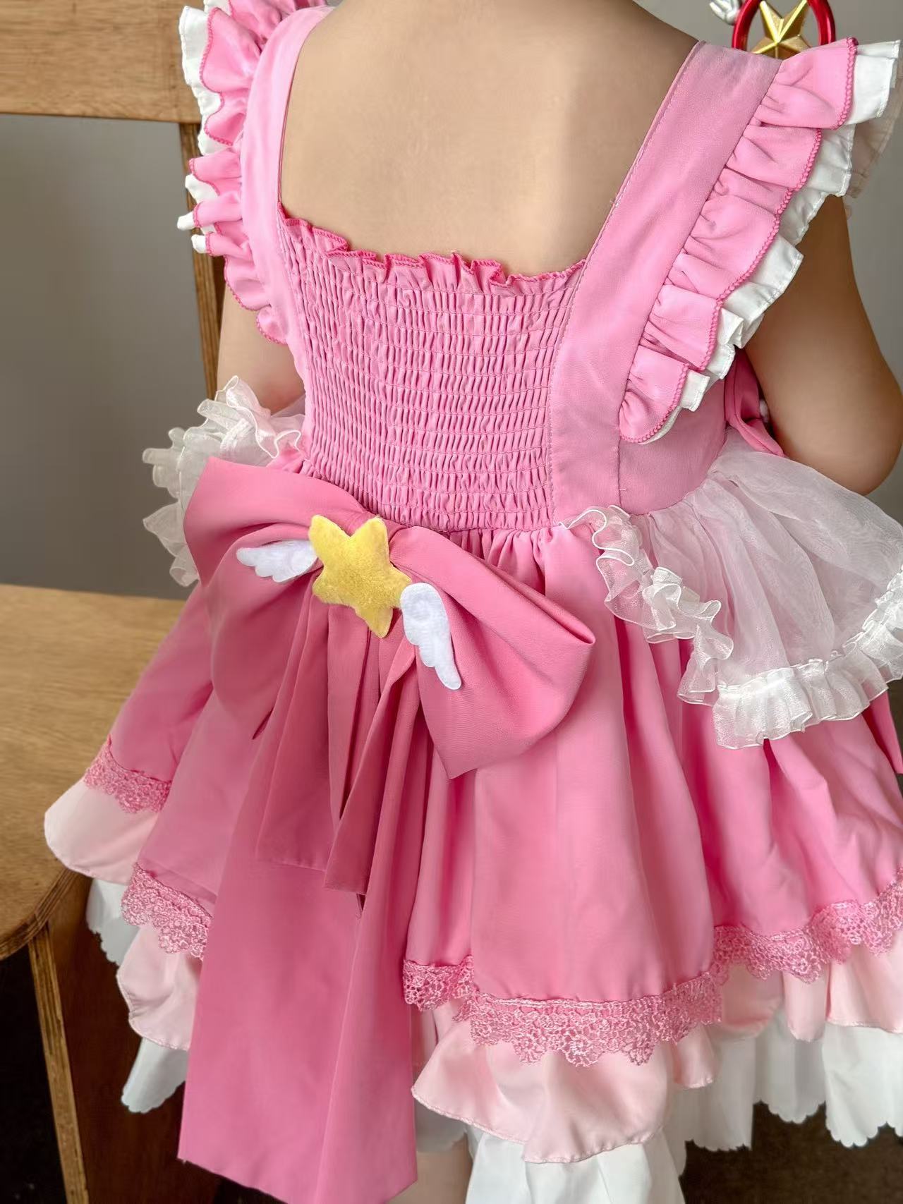 Girl's Star Lolita Princess Party Dress - Handmade Detachable Wings & Bows, Custom Dyed Magenta, Built-in Petticoat, 100% Cotton Lining - Perfect for Birthday, Christmas, Pageant, Photo Shoots (3-12 Years)