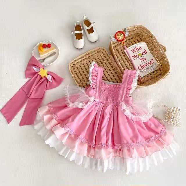 Girl's Star Lolita Princess Party Dress - Handmade Detachable Wings & Bows, Custom Dyed Magenta, Built-in Petticoat, 100% Cotton Lining - Perfect for Birthday, Christmas, Pageant, Photo Shoots (3-12 Years)