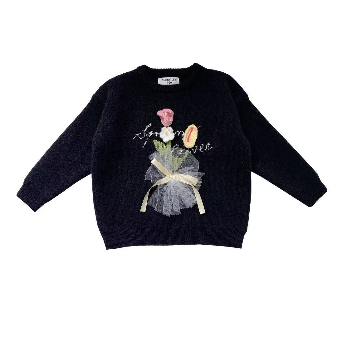 Girls Knitted Sweater with Hand-Crochet 3D Floral Embroidery - Princess Crewneck Pullover (White/Black/Blue) - Premium Wool Blend Winter Warm Tops for Christmas, Birthday Gift, Photoshoot, Party Dress