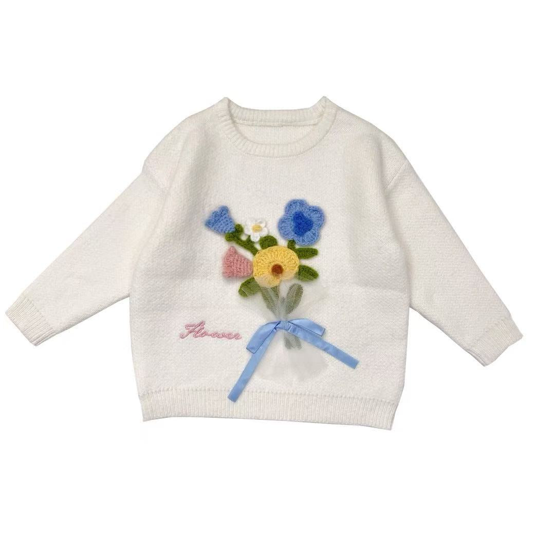 Girls Knitted Sweater with Hand-Crochet 3D Floral Embroidery - Princess Crewneck Pullover (White/Black/Blue) - Premium Wool Blend Winter Warm Tops for Christmas, Birthday Gift, Photoshoot, Party Dress