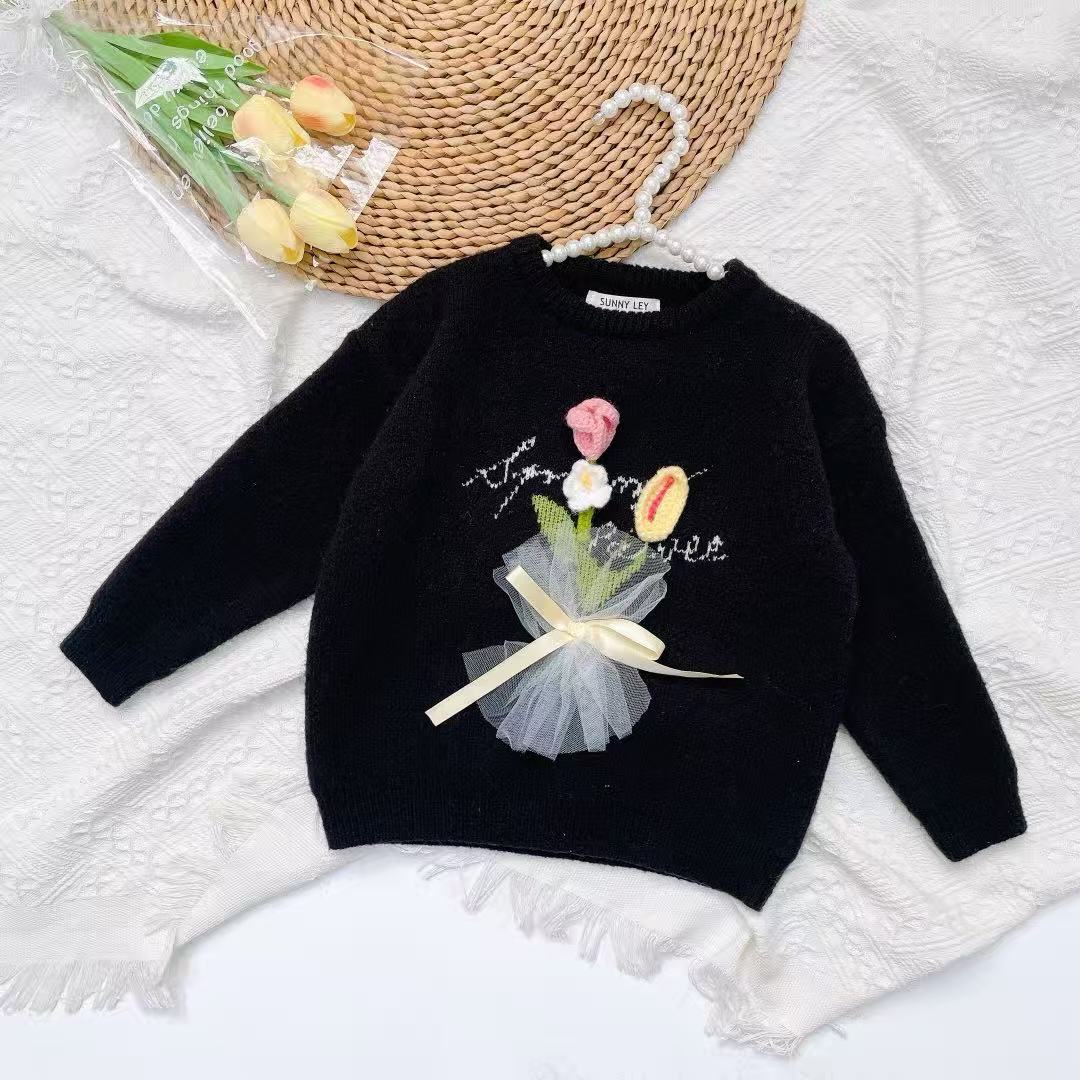 Girls Knitted Sweater with Hand-Crochet 3D Floral Embroidery - Princess Crewneck Pullover (White/Black/Blue) - Premium Wool Blend Winter Warm Tops for Christmas, Birthday Gift, Photoshoot, Party Dress