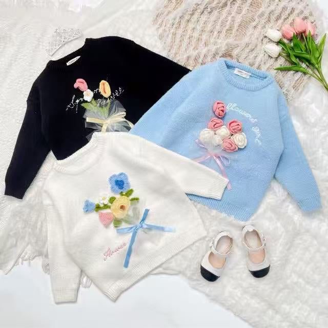 Girls Knitted Sweater with Hand-Crochet 3D Floral Embroidery - Princess Crewneck Pullover (White/Black/Blue) - Premium Wool Blend Winter Warm Tops for Christmas, Birthday Gift, Photoshoot, Party Dress