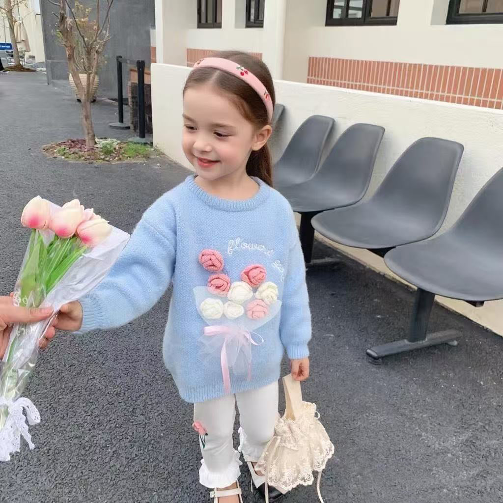 Girls Knitted Sweater with Hand-Crochet 3D Floral Embroidery - Princess Crewneck Pullover (White/Black/Blue) - Premium Wool Blend Winter Warm Tops for Christmas, Birthday Gift, Photoshoot, Party Dress