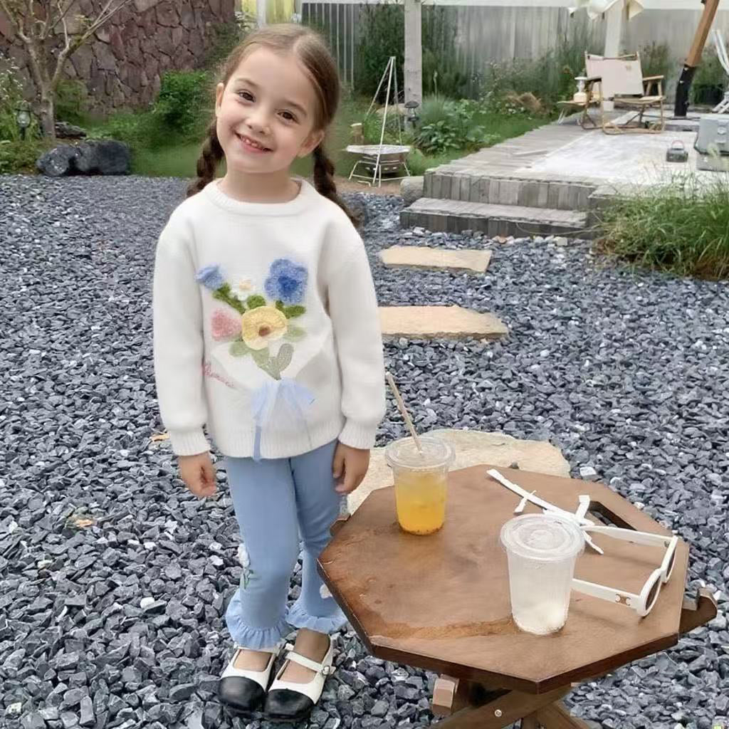 Girls Knitted Sweater with Hand-Crochet 3D Floral Embroidery - Princess Crewneck Pullover (White/Black/Blue) - Premium Wool Blend Winter Warm Tops for Christmas, Birthday Gift, Photoshoot, Party Dress