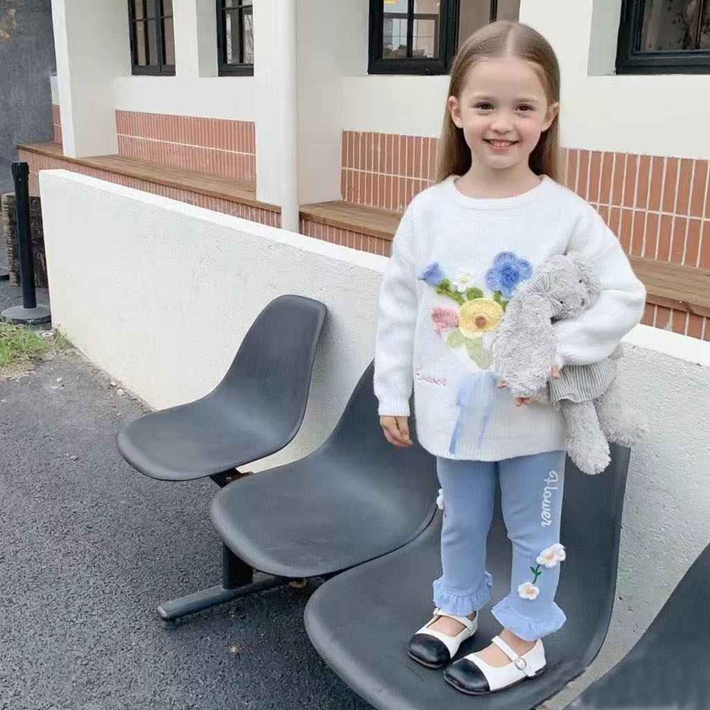 Girls Knitted Sweater with Hand-Crochet 3D Floral Embroidery - Princess Crewneck Pullover (White/Black/Blue) - Premium Wool Blend Winter Warm Tops for Christmas, Birthday Gift, Photoshoot, Party Dress
