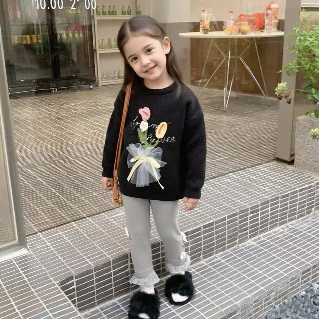 Girls Knitted Sweater with Hand-Crochet 3D Floral Embroidery - Princess Crewneck Pullover (White/Black/Blue) - Premium Wool Blend Winter Warm Tops for Christmas, Birthday Gift, Photoshoot, Party Dress
