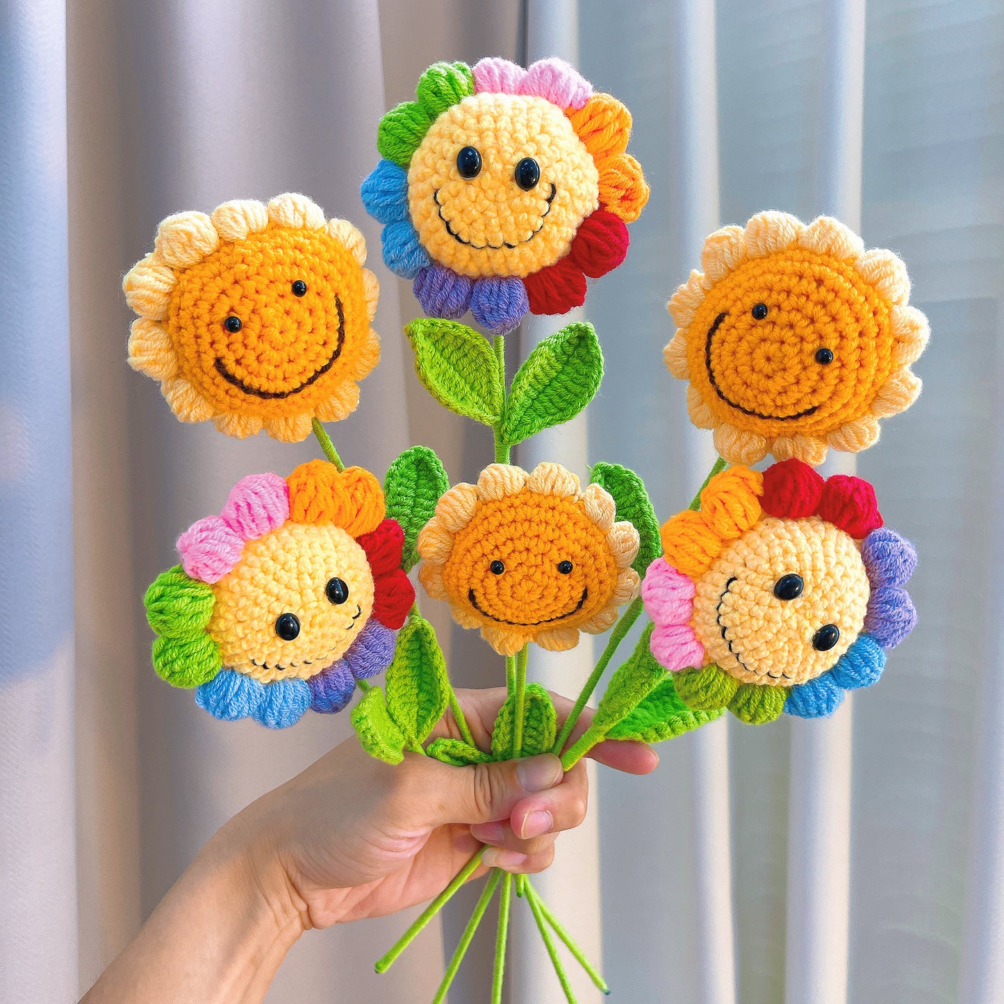 Hand Crochet Smiley Sunflower Stake - Hypoallergenic Artificial Flower Gift for Birthday, Wedding, Home Decor | DIY Handmade Yarn Flower | Allergy-Free Sustainable Home Joy