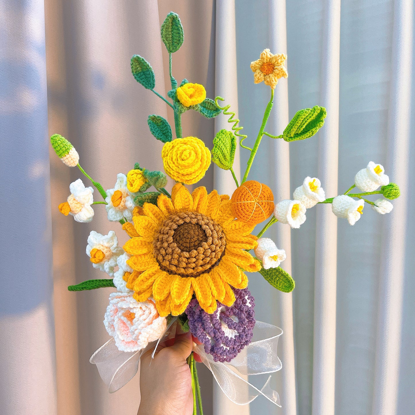 Hand-Crochet Ready-for-Vase Floral Arrangement - Hypoallergenic Artificial Sunflower, Peony, Camellia, Lily of the Valley, Rose, Fall Flowers for Home Decor, Thanksgiving, Wedding Gift