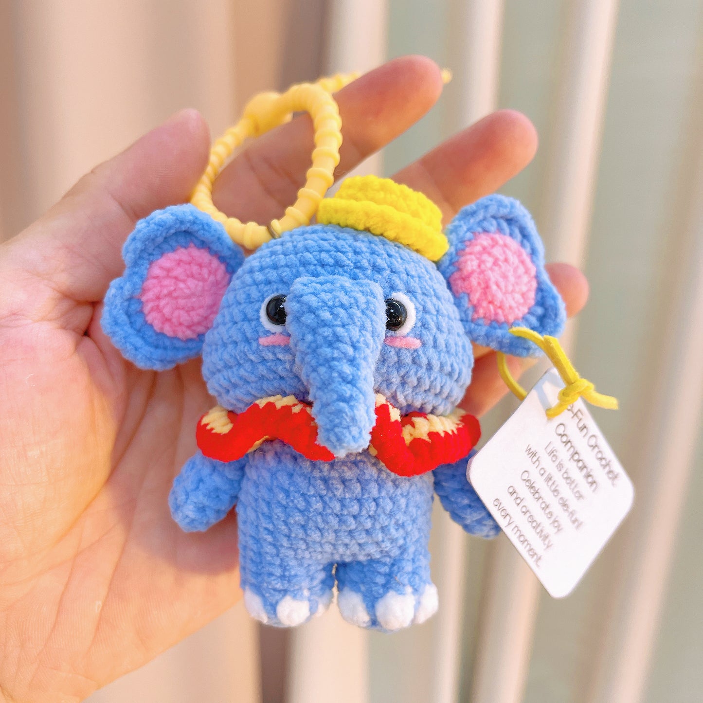Hand Crochet Dumbo Elephant Plush - Blue Disney Inspired Keychain & Desk Decor with Custom Card, Hypoallergenic Gift for Baby Shower, Christmas, Birthday, Car Accessory