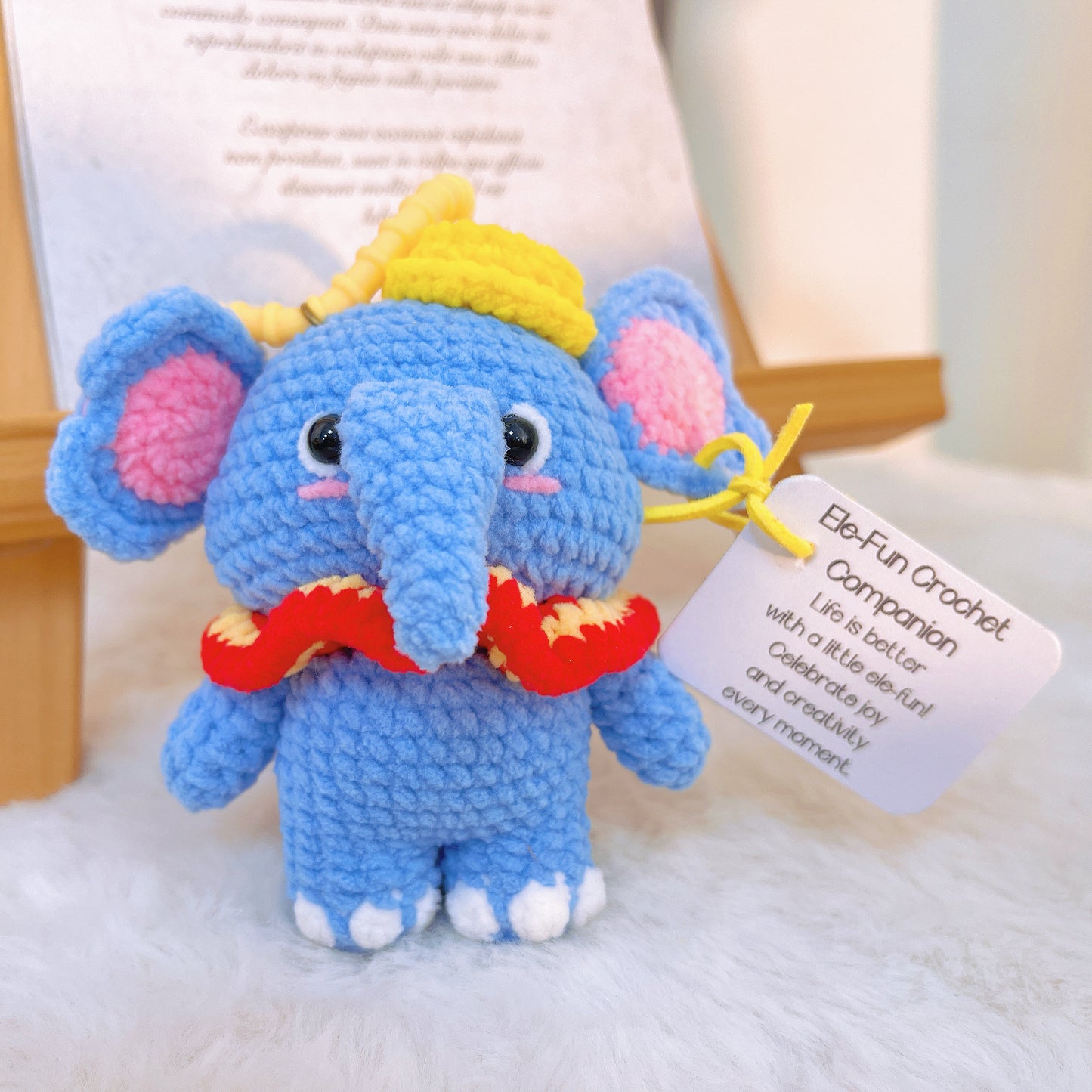 Hand Crochet Dumbo Elephant Plush - Blue Disney Inspired Keychain & Desk Decor with Custom Card, Hypoallergenic Gift for Baby Shower, Christmas, Birthday, Car Accessory