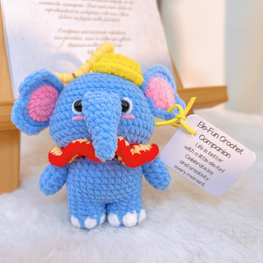 手工鉤針大象鑰匙圈 - 粉紅裙裝&頭戴黃花的小象,附可客製化留言卡,低過敏可愛禮物,適合孩童、大象愛好者及歡樂慶典