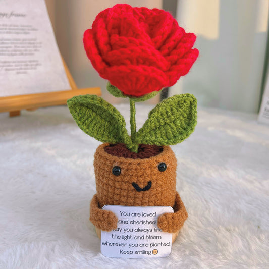 手作鉤織|六月生日花、玫瑰盆栽、客製化訊息卡片座|不過敏、永恆禮物、生日、情人節、送禮