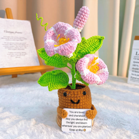 手作鉤織|九月生日花、牽牛花盆栽、客製化訊息卡片座|不過敏、永恆禮物、送禮