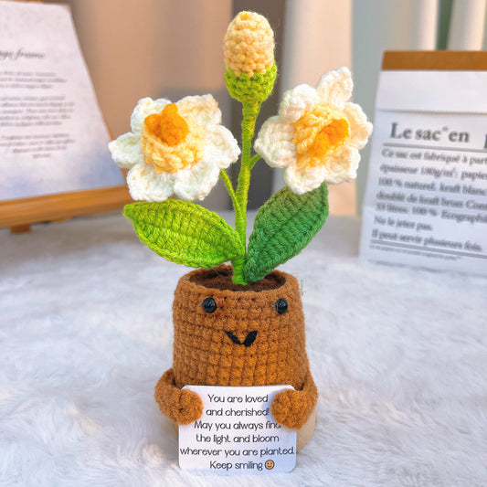 手作鉤織|三月生日花、水仙盆栽、客製化訊息卡片座|不過敏、永恆禮物、居家佈置、送禮