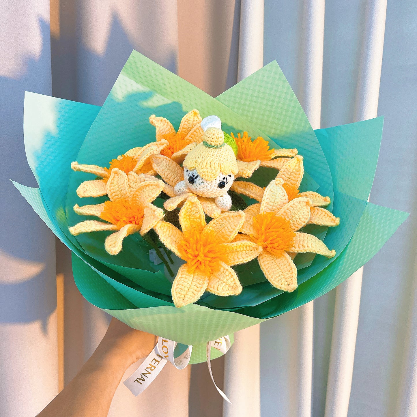 Enchanting Fairy Crochet Bouquet - Yellow Daffodil Flower with Green and Tiffany Blue Wrap Neverland Ballet Dance Performance Theatre Lovers Graduation Birthday Promotion Gift
