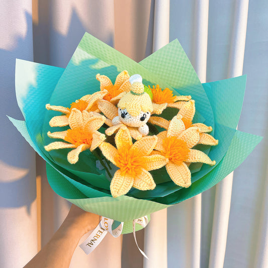 迷人仙境鉤織花束 - 黃水仙花蕊綻放,綠意與蒂芙尼藍絲帶纏繞|永無鄉芭蕾舞劇場之夢|劇場愛好者、畢業、生日、晉升慶賀之禮